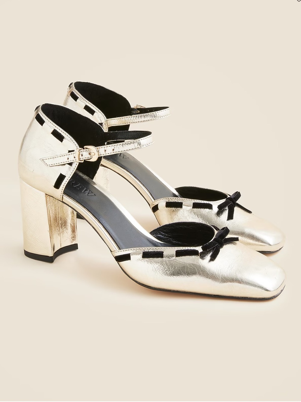 NEW J. Crew Maisie bow heels in gold metallic crinkle leather CP059 $268 size 7